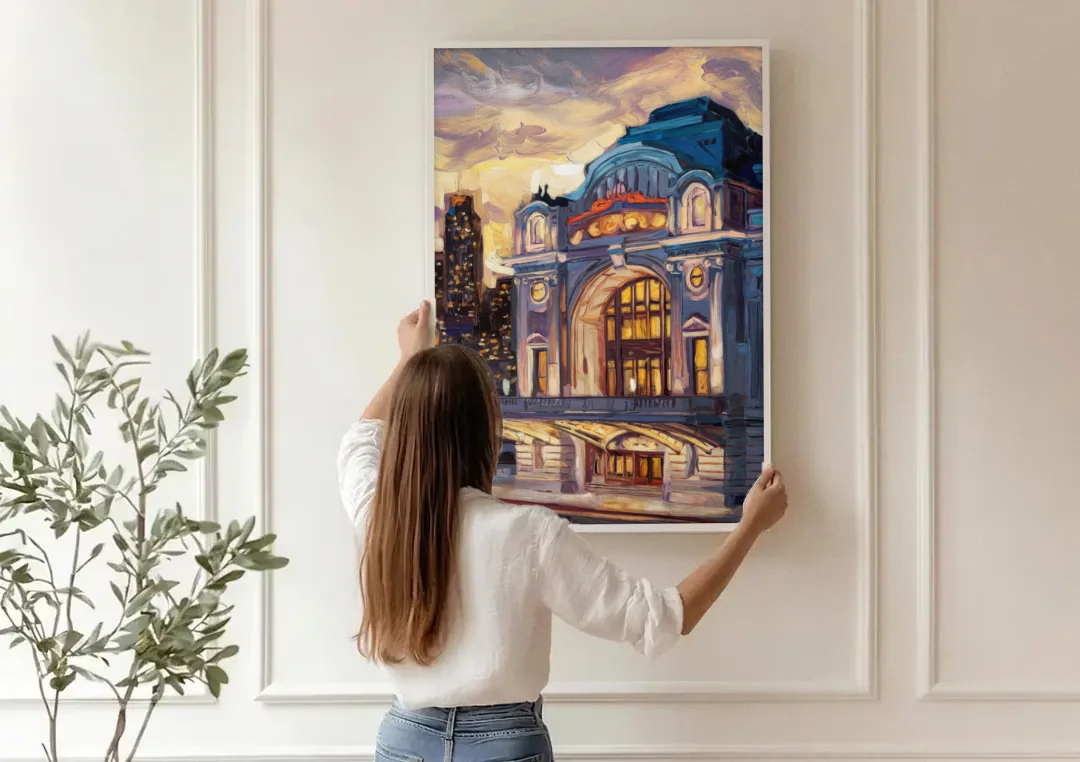 Kansas City Union Station canvas wall art being hung on a paneled wall