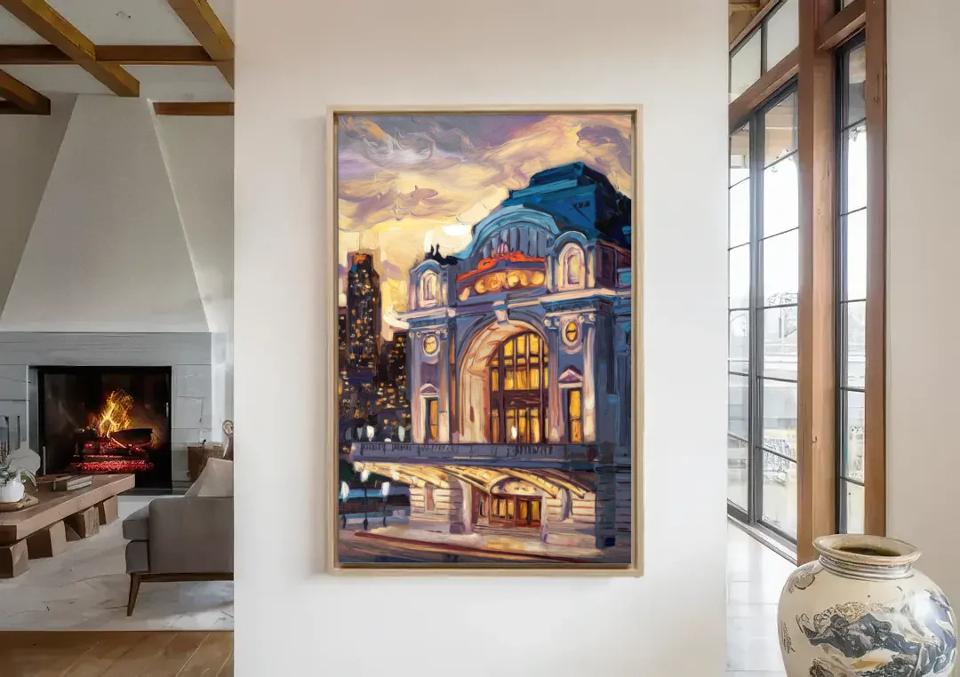 Kansas City Union Station canvas wall art in a living room with a fireplace