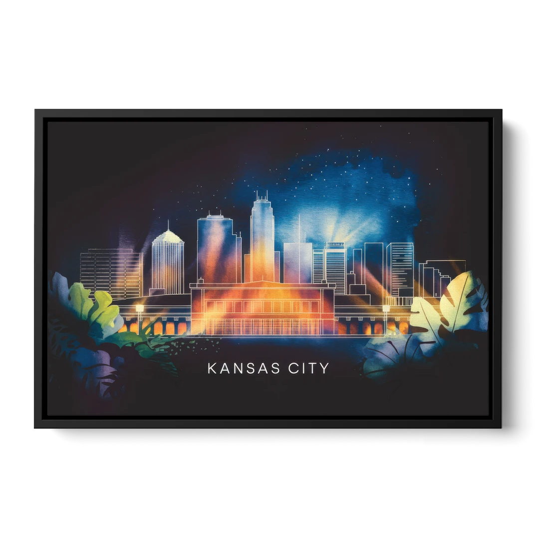 Kansas City Vibrant Downtown - Black Framed Canvas Wall Art - Front