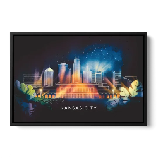Kansas City Vibrant Downtown - Black Framed Canvas Wall Art - Front