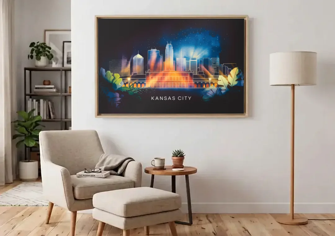 Kansas City Vibrant Downtown canvas wall art above an armchair in a bright living room