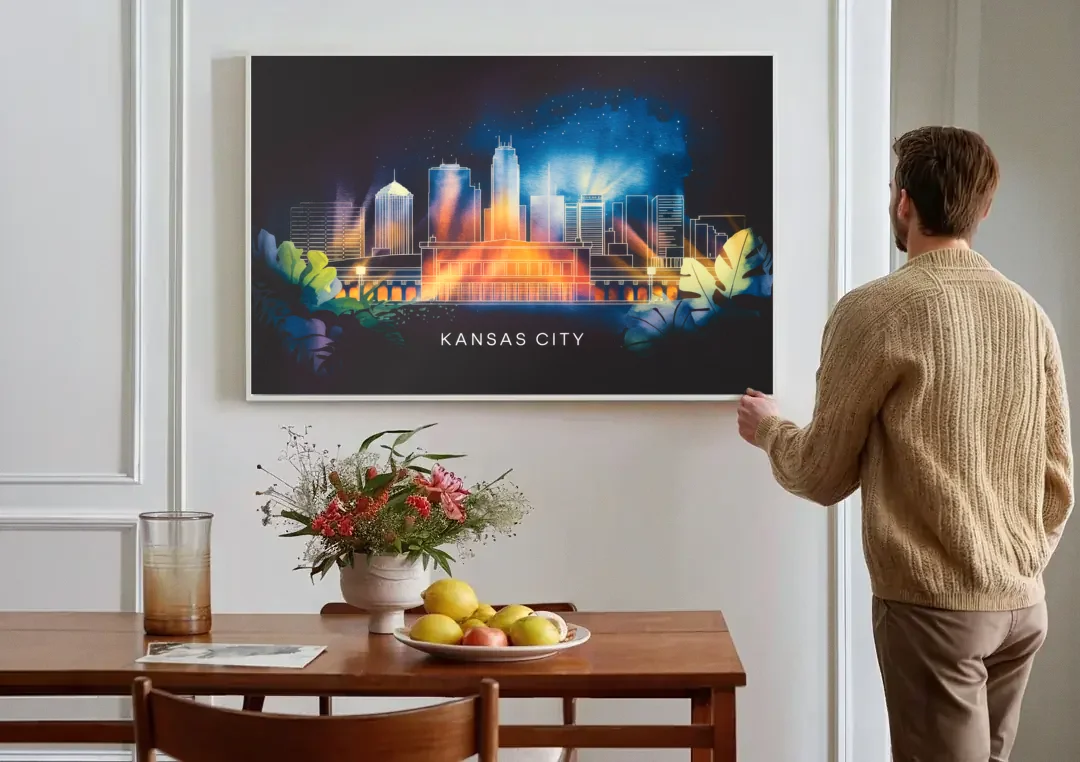 Kansas City Vibrant Downtown canvas wall art above a dining table