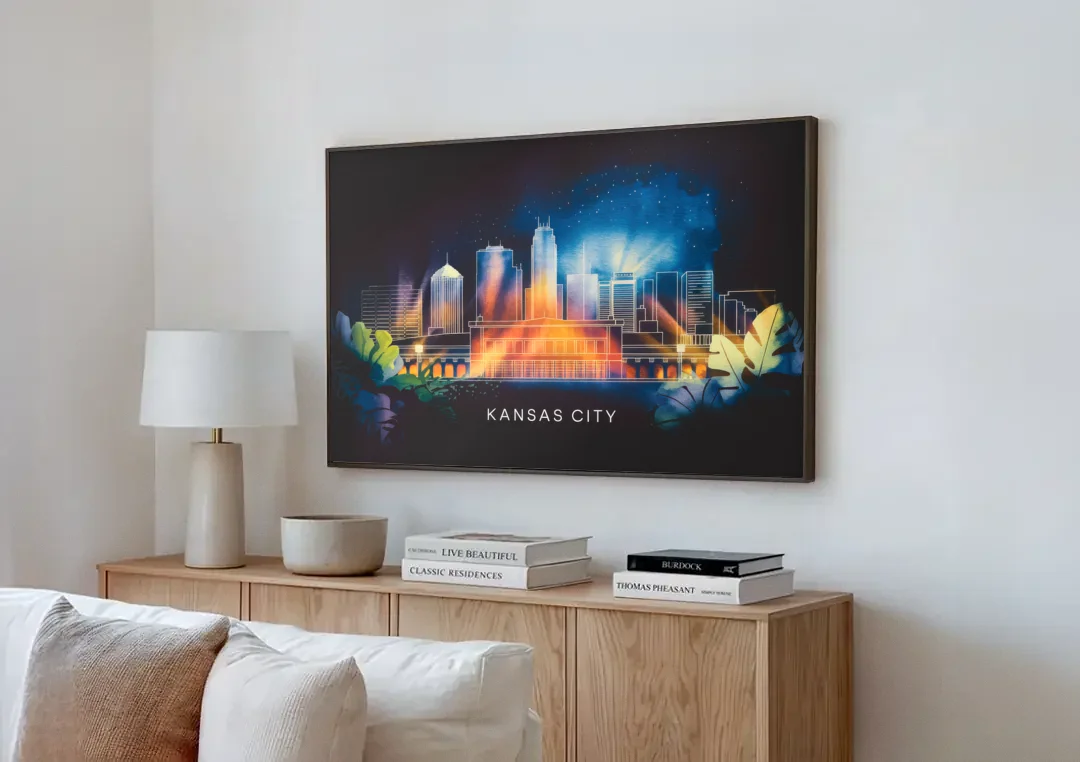 Kansas City Vibrant Downtown canvas wall art above a wooden sideboard next to a sofa