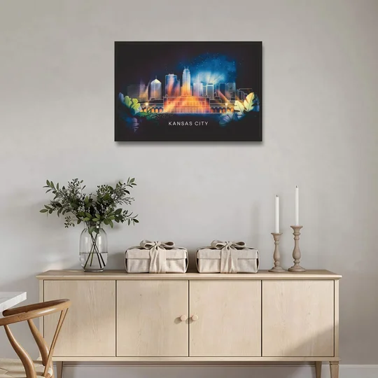 Kansas City Vibrant Downtown - Black Framed Canvas Wall Art - Coffee Table - 36x24