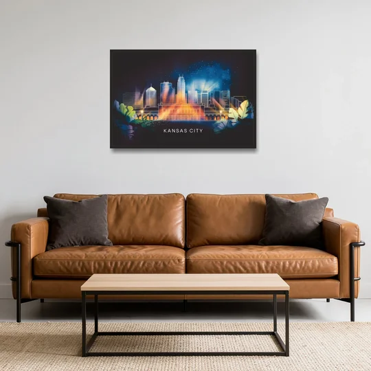 Kansas City Vibrant Downtown - Black Framed Canvas Wall Art - Sofa - 36x24