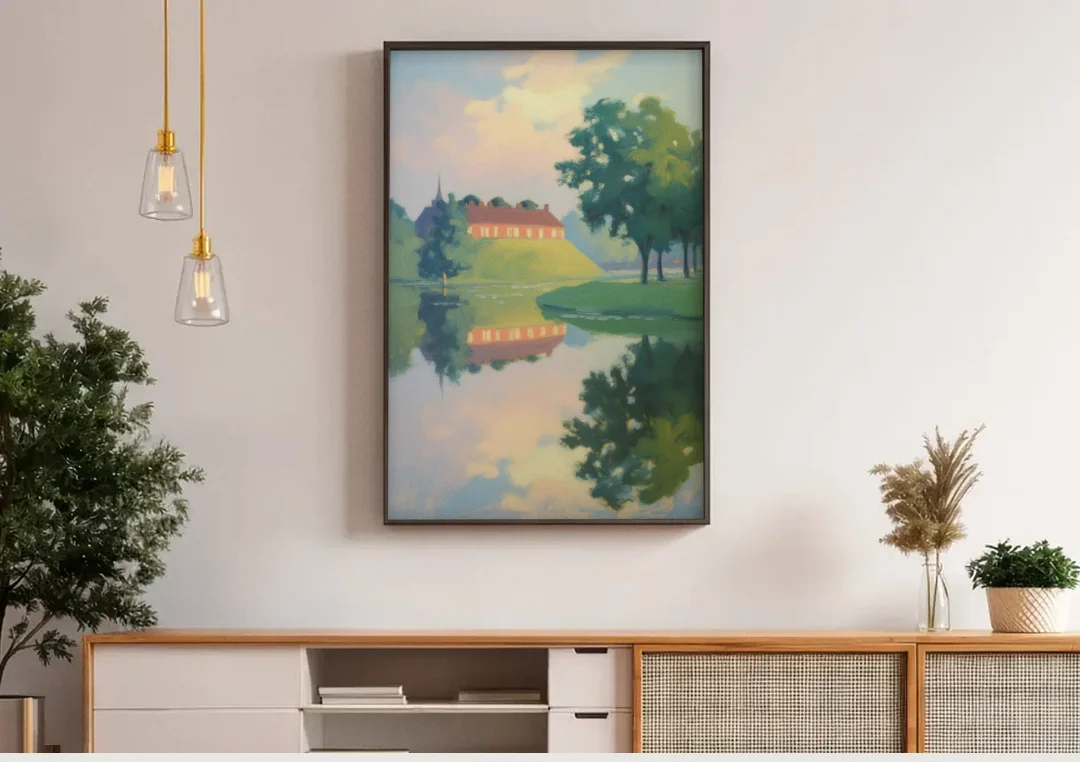 Kastellet Calm canvas wall art above a wooden sideboard under pendant lights