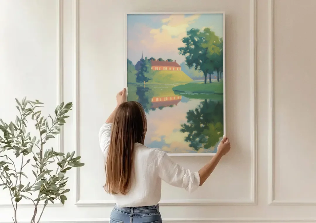 Kastellet Calm canvas wall art being hung on a paneled wall