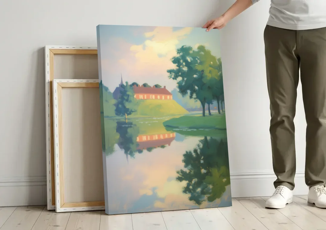 Kastellet Calm canvas wall art leaning against a wall next to blank canvases