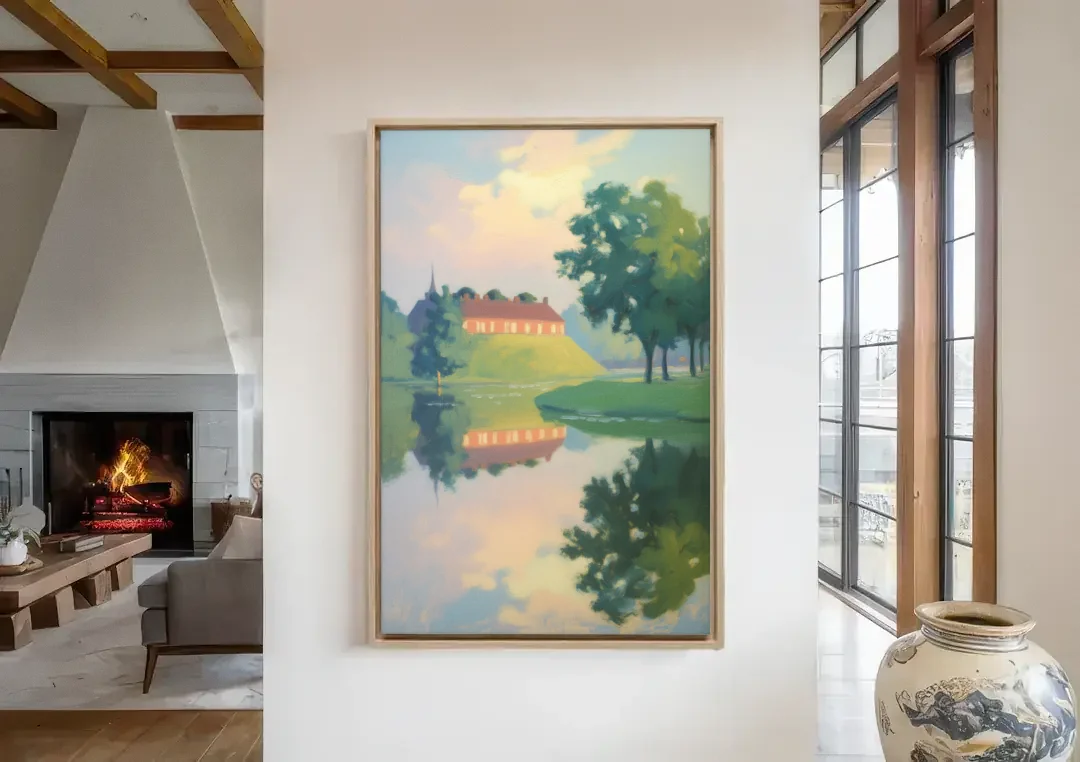 Kastellet Calm canvas wall art in a living room with a fireplace