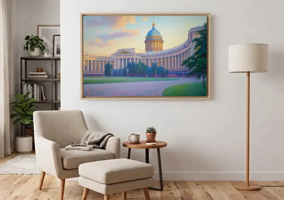 Kazan Cathedral Serenity canvas wall art above an armchair in a bright living room