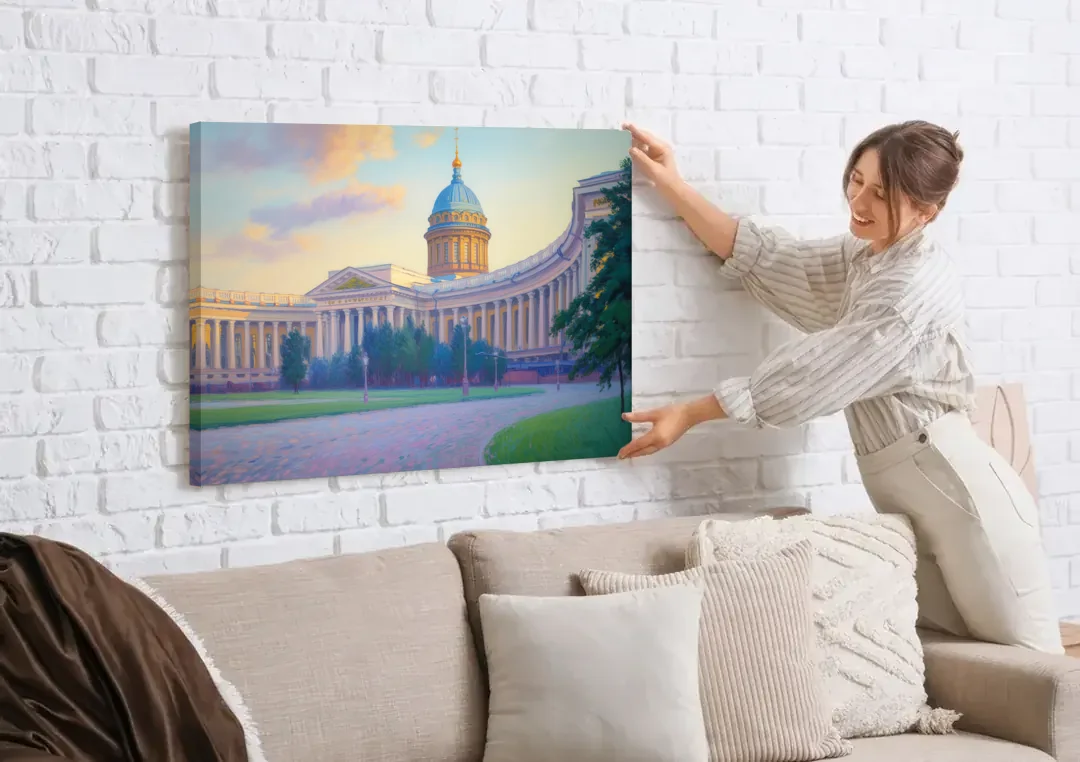 Kazan Cathedral Serenity canvas wall art being hung on a white brick wall above a sofa