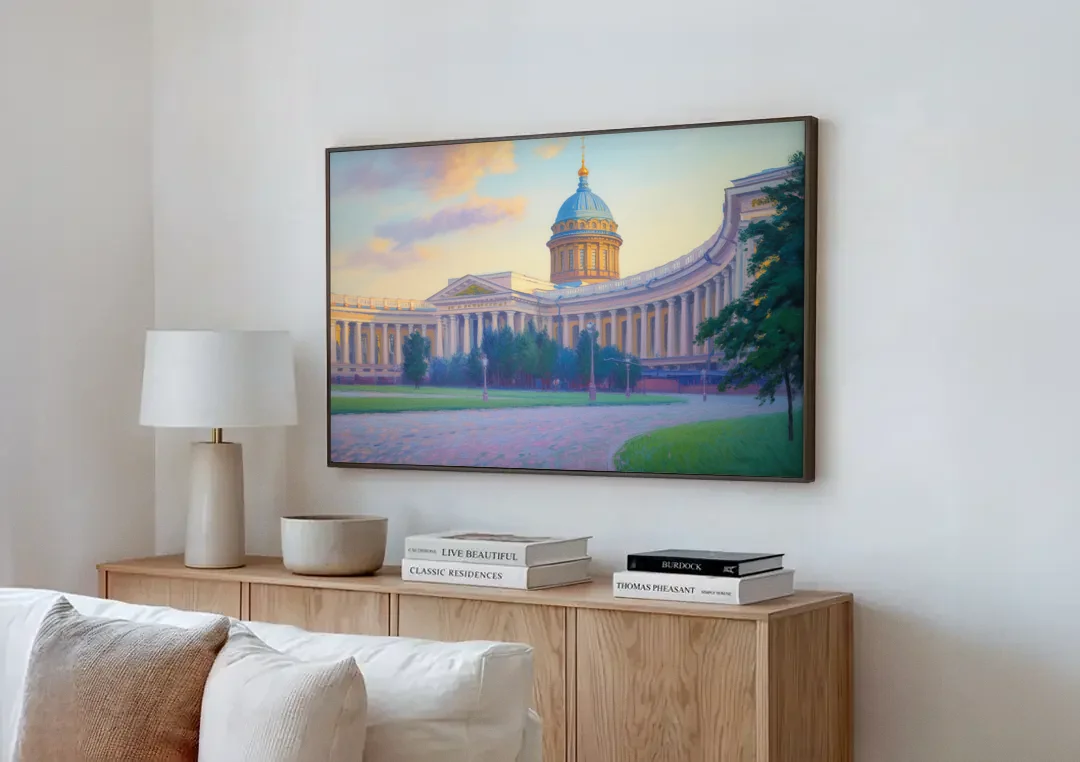 Kazan Cathedral Serenity canvas wall art above a wooden sideboard next to a sofa