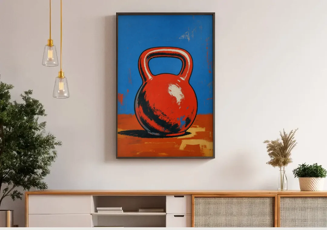 Kettlebell Painting in Electric Red canvas wall art above a wooden sideboard under pendant lights