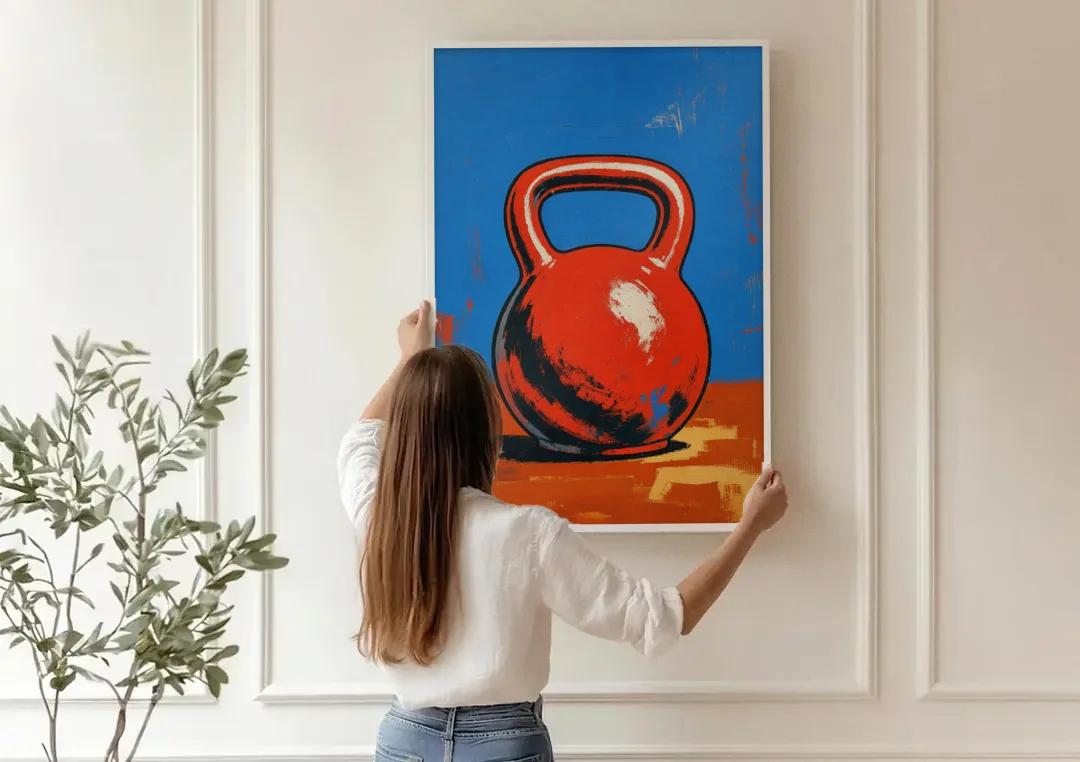 Kettlebell Painting in Electric Red canvas wall art being hung on a paneled wall