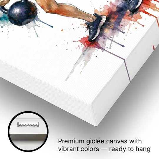 Kettlebell Swing in Splash Watercolor - Canvas Wall Art - Gallery Wrap Corner