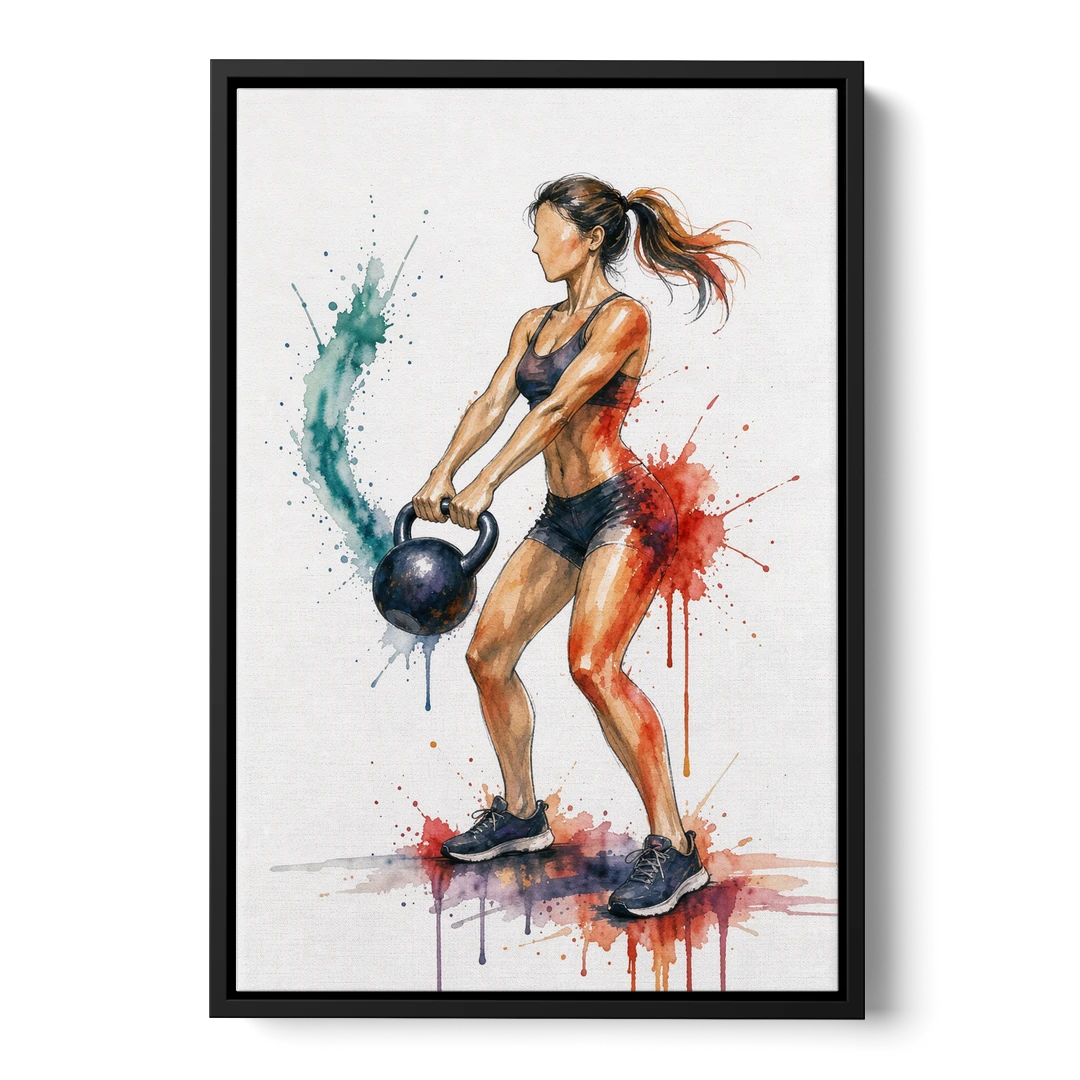 Kettlebell Swing in Splash Watercolor - Black Framed Canvas Wall Art - Front
