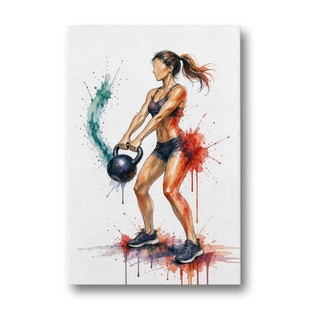 Kettlebell Swing in Splash Watercolor - Canvas Wall Art - Front