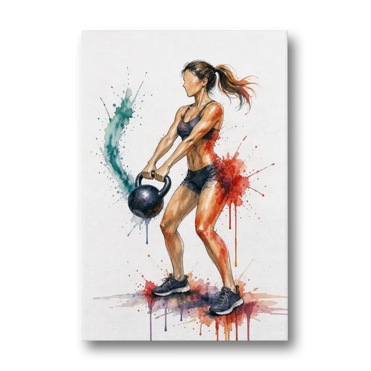 Kettlebell Swing in Splash Watercolor - Canvas Wall Art - Front