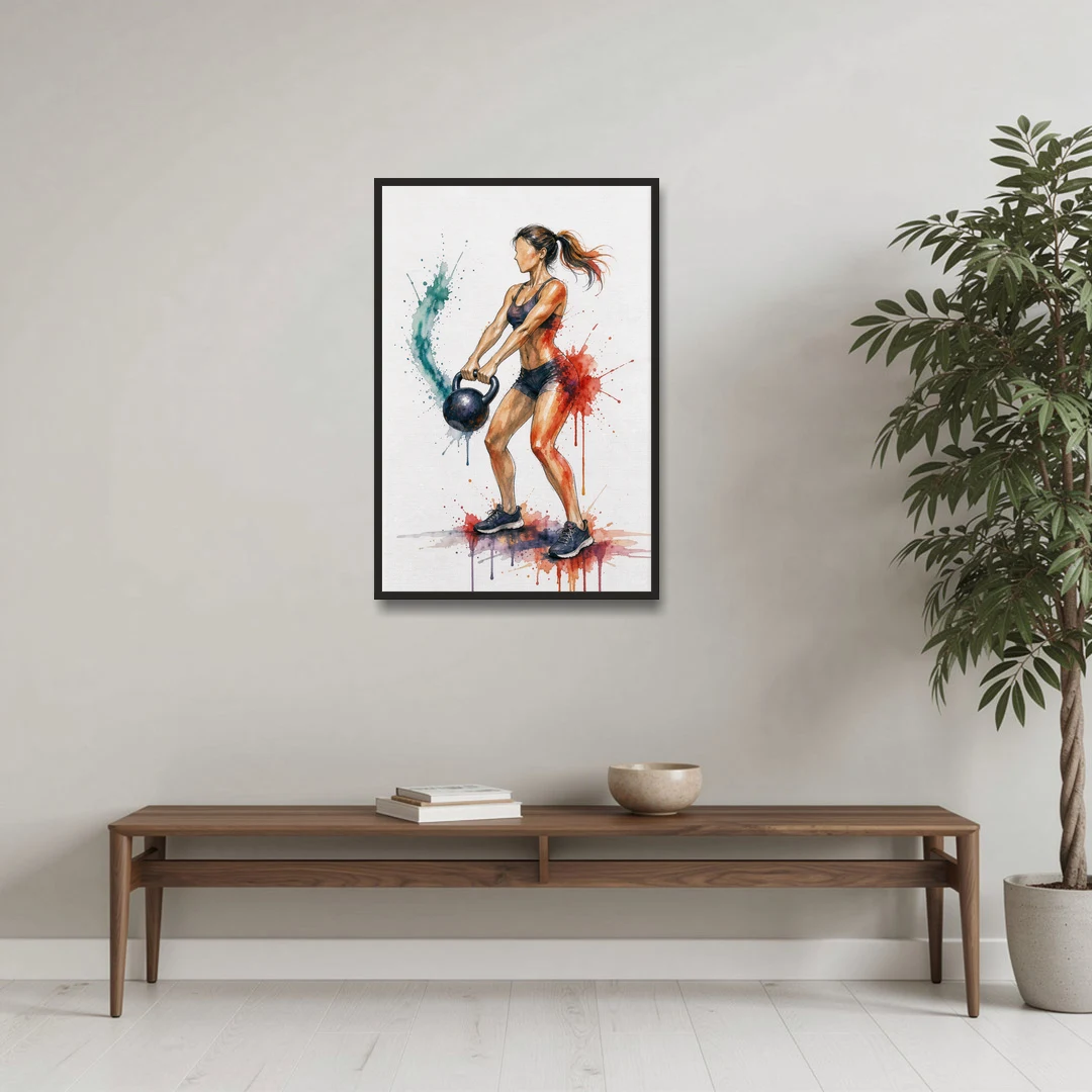 Kettlebell Swing in Splash Watercolor - Black Framed Canvas Wall Art - Coffee Table - 24x36