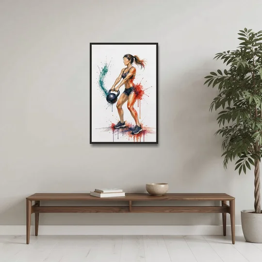 Kettlebell Swing in Splash Watercolor - Black Framed Canvas Wall Art - Coffee Table - 24x36