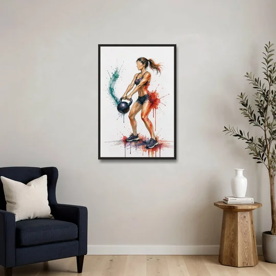 Kettlebell Swing in Splash Watercolor - Black Framed Canvas Wall Art - Sofa - 24x36