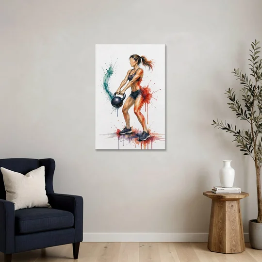 Kettlebell Swing in Splash Watercolor - Canvas Wall Art - Sofa - 24x36