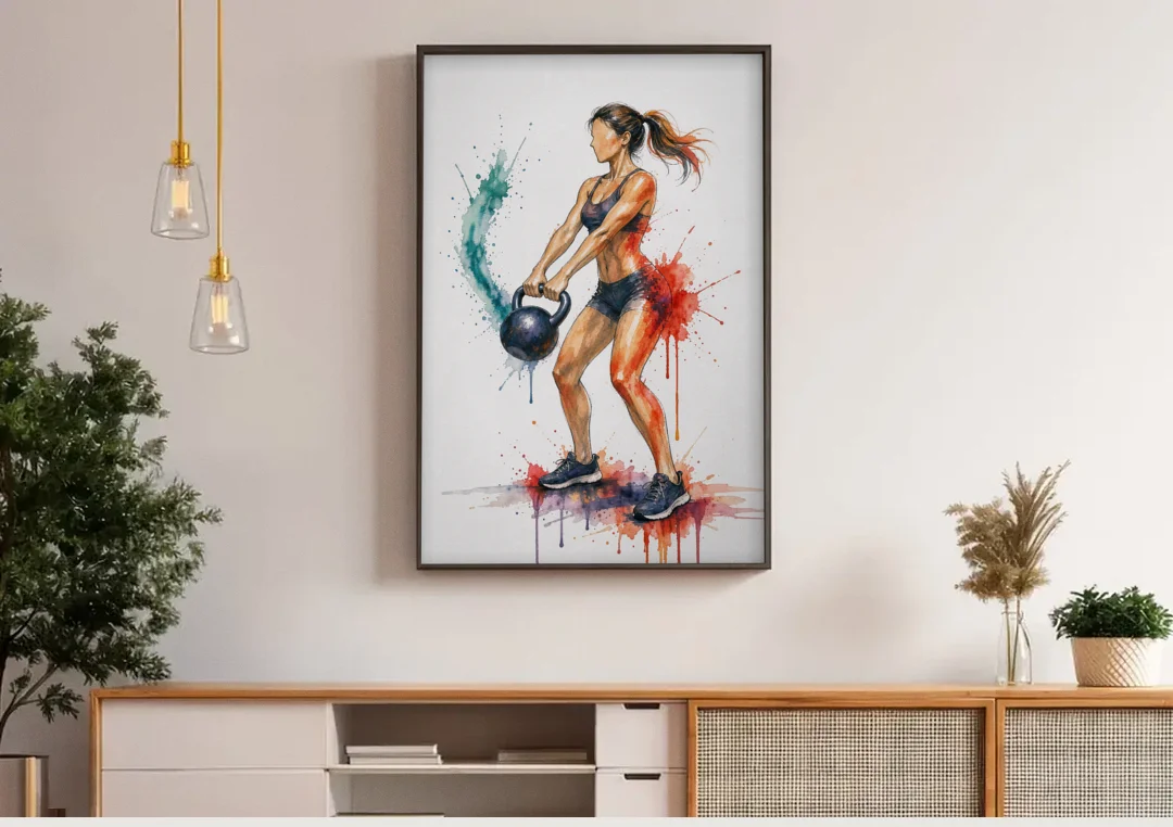 Kettlebell Swing in Splash Watercolor canvas wall art above a wooden sideboard under pendant lights