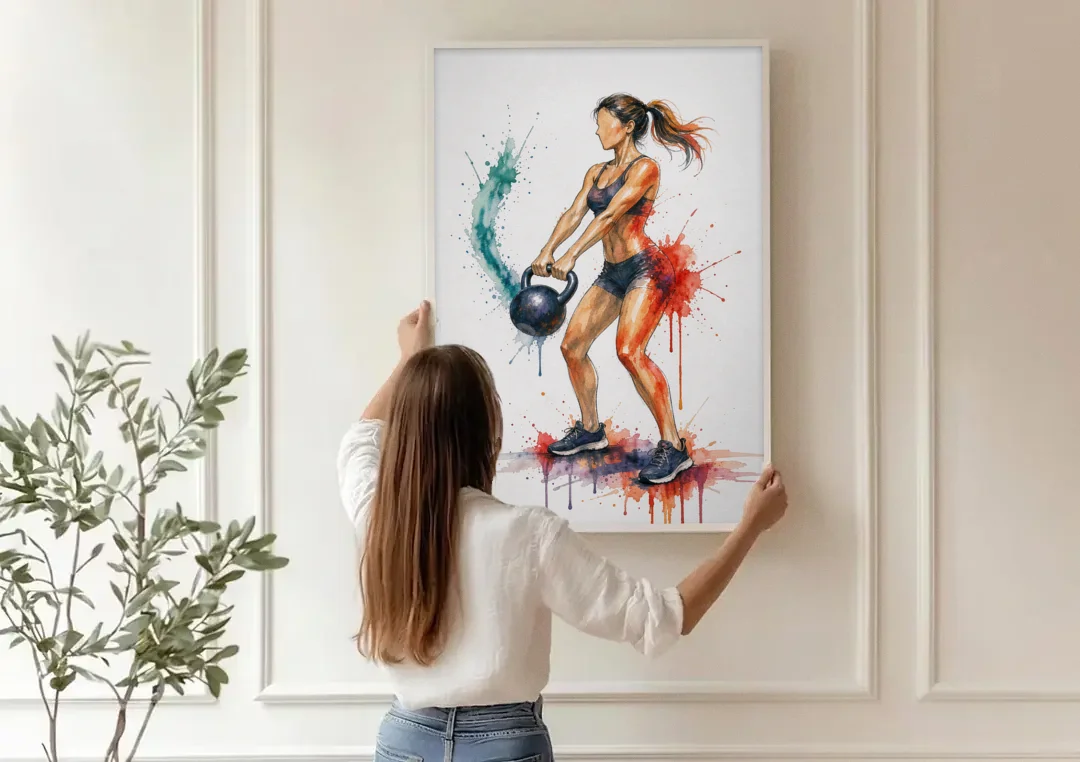 Kettlebell Swing in Splash Watercolor canvas wall art being hung on a paneled wall