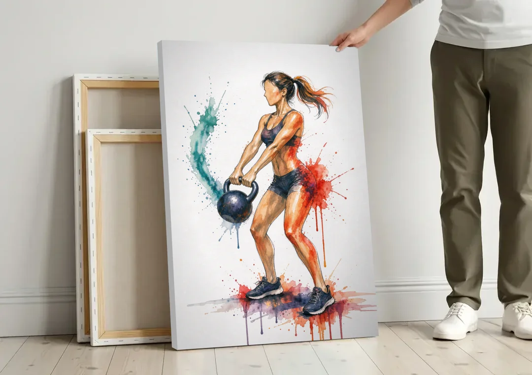 Kettlebell Swing in Splash Watercolor canvas wall art leaning against a wall next to blank canvases