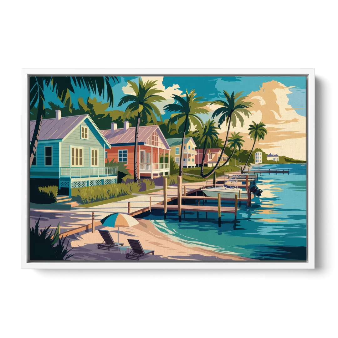 Key West Florida Coastline - White Framed Canvas Wall Art - Front