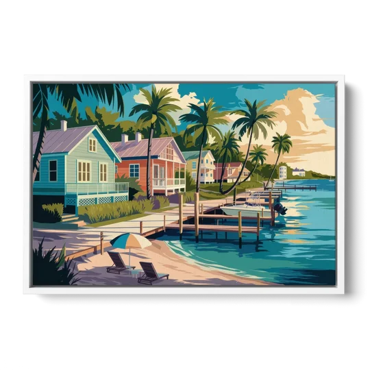 Key West Florida Coastline - White Framed Canvas Wall Art - Front