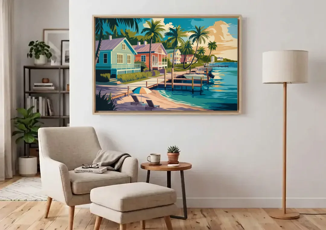 Key West Florida Coastline canvas wall art above an armchair in a bright living room