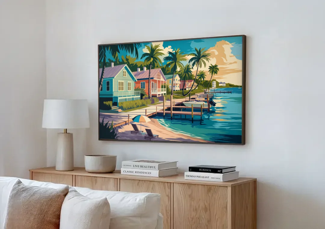 Key West Florida Coastline canvas wall art above a wooden sideboard next to a sofa