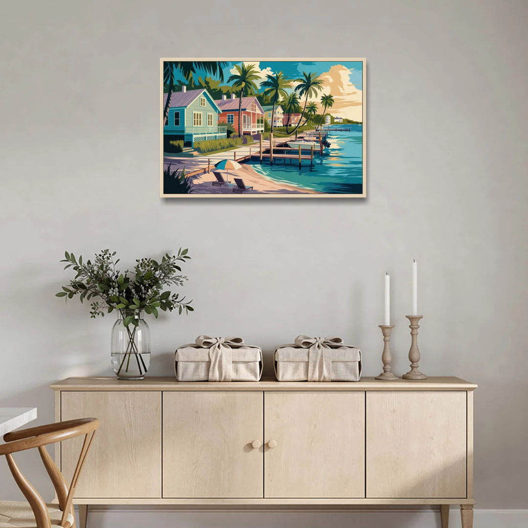 Key West Florida Coastline - Oak Framed Canvas Wall Art - Coffee Table - 36x24