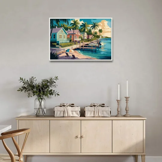 Key West Florida Coastline - White Framed Canvas Wall Art - Coffee Table - 36x24