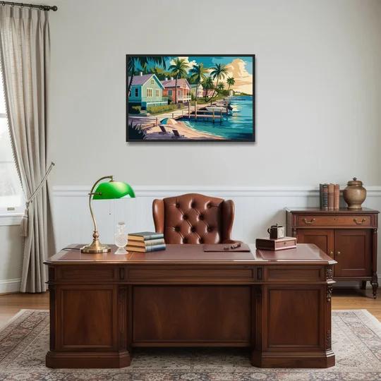 Key West Florida Coastline - Black Framed Canvas Wall Art - Office - 36x24