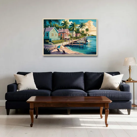 Key West Florida Coastline - Oak Framed Canvas Wall Art - Sofa - 36x24