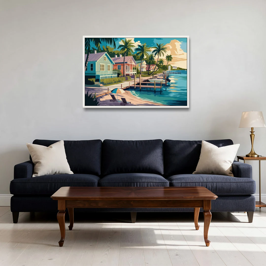 Key West Florida Coastline - White Framed Canvas Wall Art - Sofa - 36x24