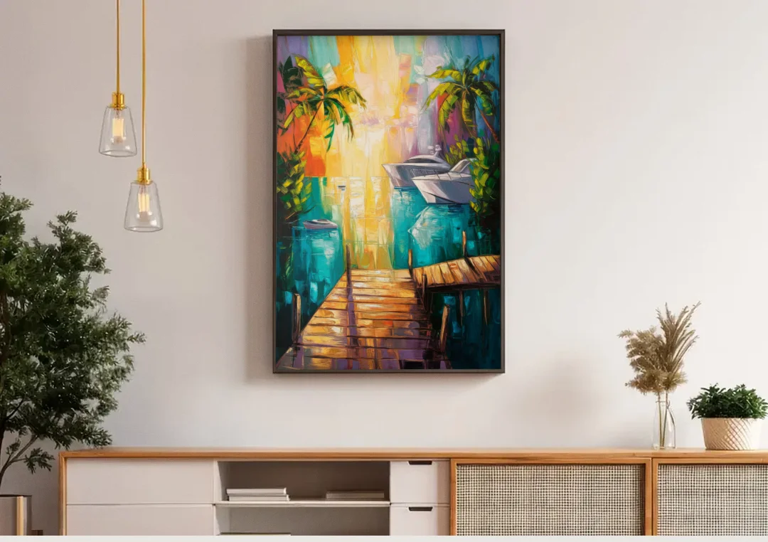 Key West Harbor Views canvas wall art above a wooden sideboard under pendant lights