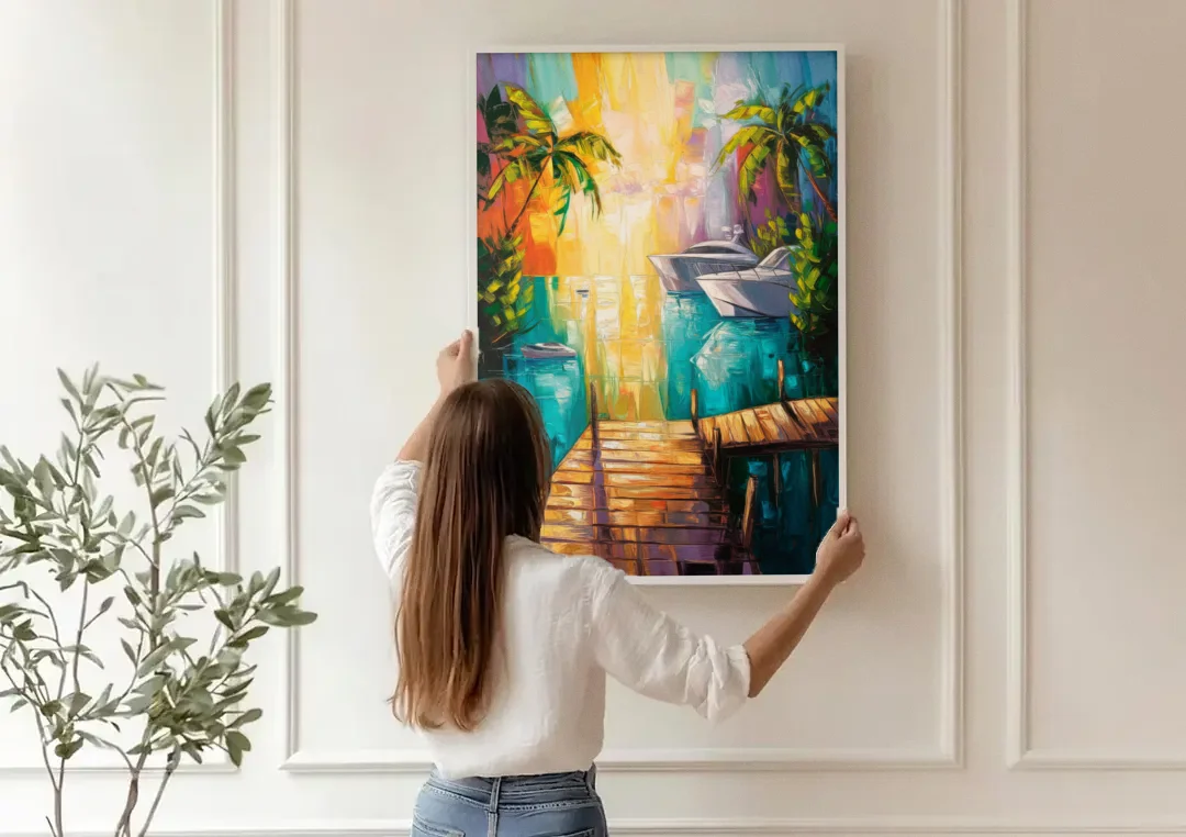 Key West Harbor Views canvas wall art being hung on a paneled wall