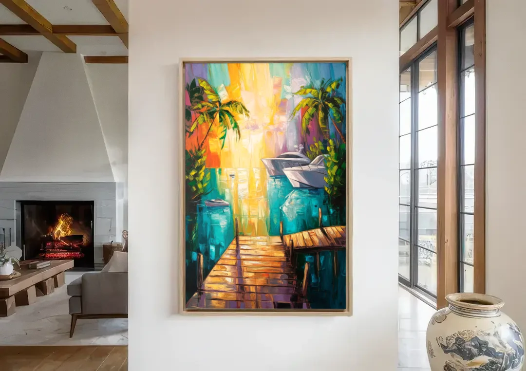 Key West Harbor Views canvas wall art in a living room with a fireplace