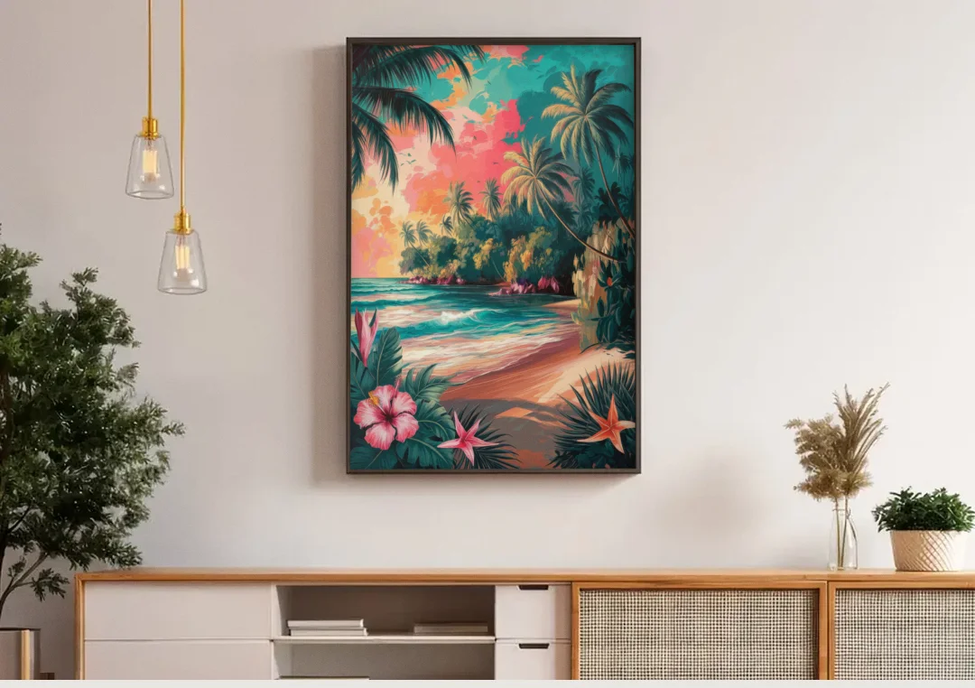 Key West Island Vibes canvas wall art above a wooden sideboard under pendant lights