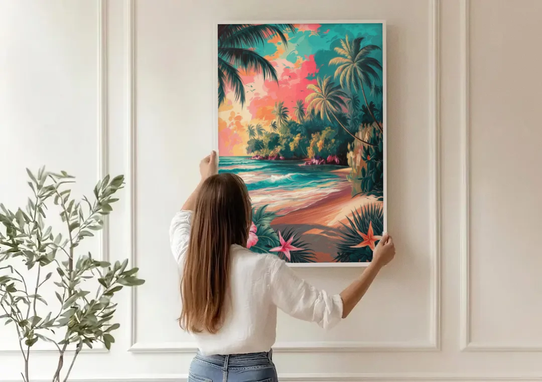 Key West Island Vibes canvas wall art being hung on a paneled wall