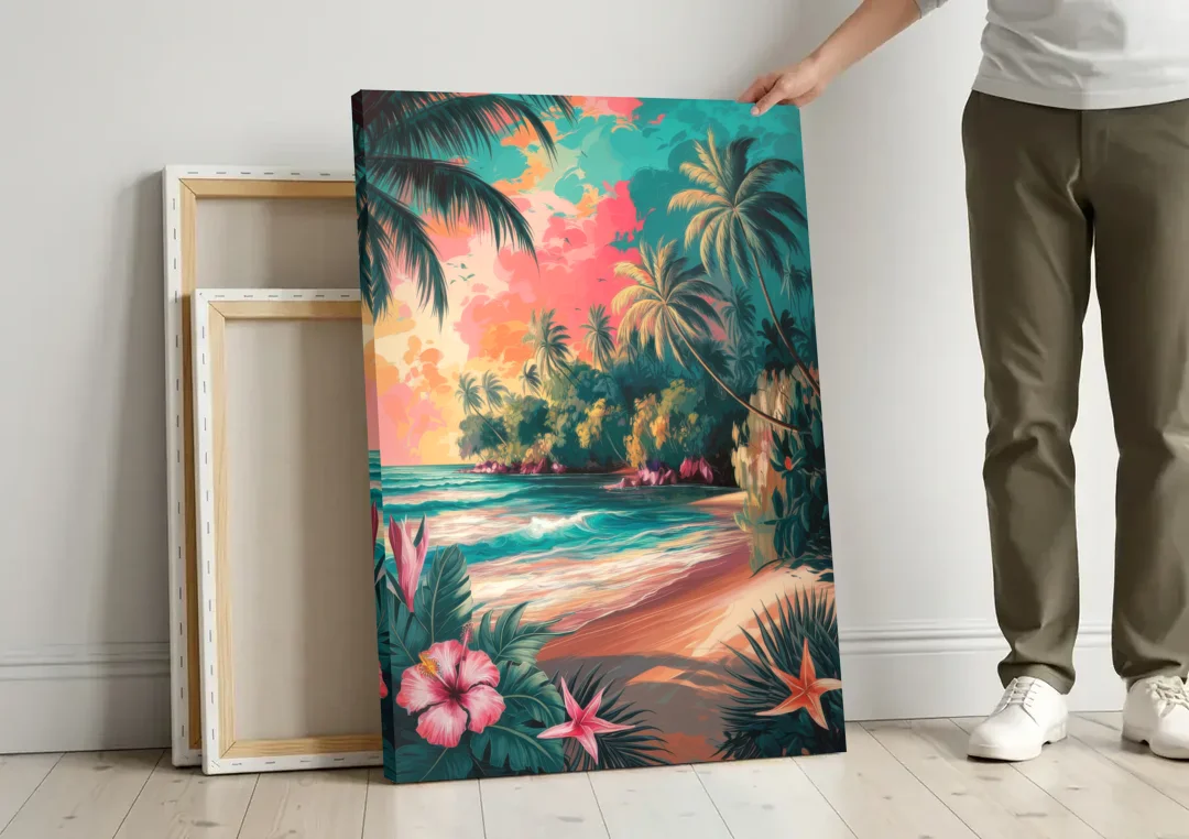 Key West Island Vibes canvas wall art leaning against a wall next to blank canvases