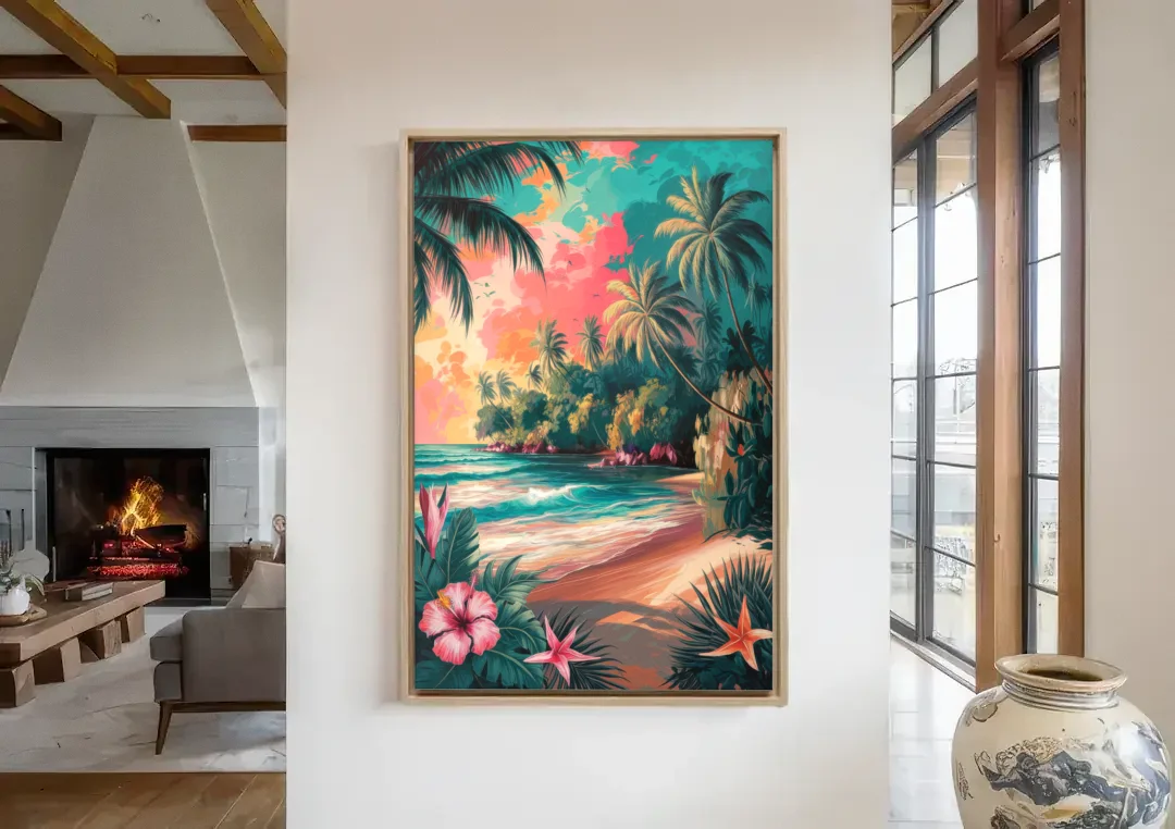 Key West Island Vibes canvas wall art in a living room with a fireplace