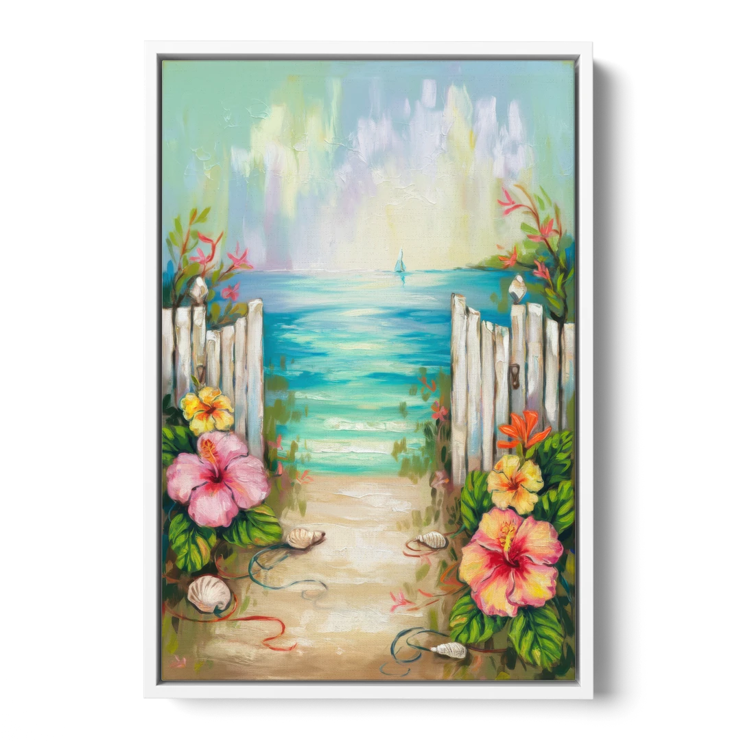 Key West Nautical Charm - White Framed Canvas Wall Art - Front