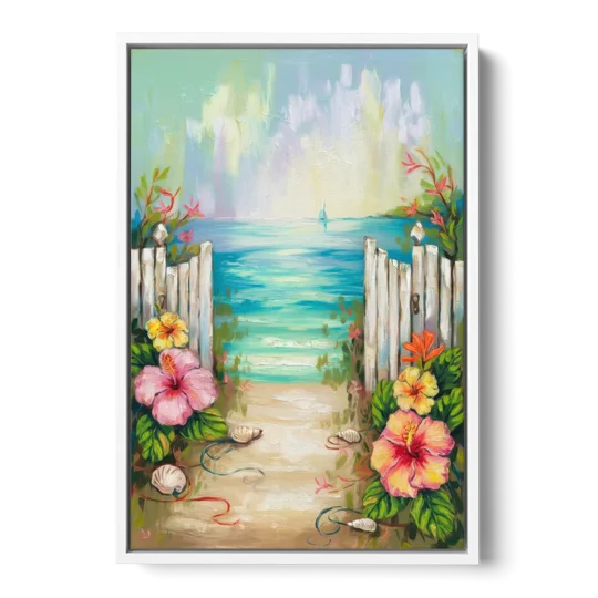 Key West Nautical Charm - White Framed Canvas Wall Art - Front