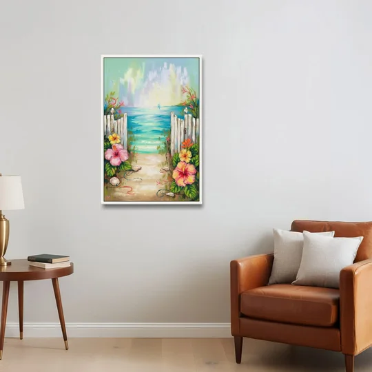 Key West Nautical Charm - White Framed Canvas Wall Art - Sofa - 24x36