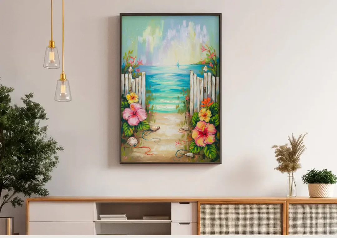 Key West Nautical Charm canvas wall art above a wooden sideboard under pendant lights