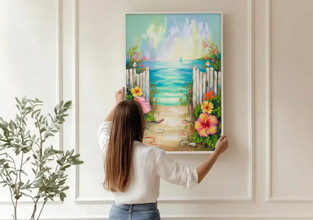 Key West Nautical Charm canvas wall art being hung on a paneled wall